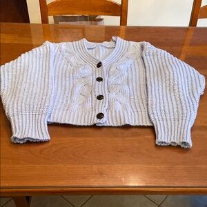 Source Unknown Cable Knit Cardigan - Light Blue. Cropped.